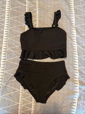 Black Ruffled Two-Piece Swim Set 12Y